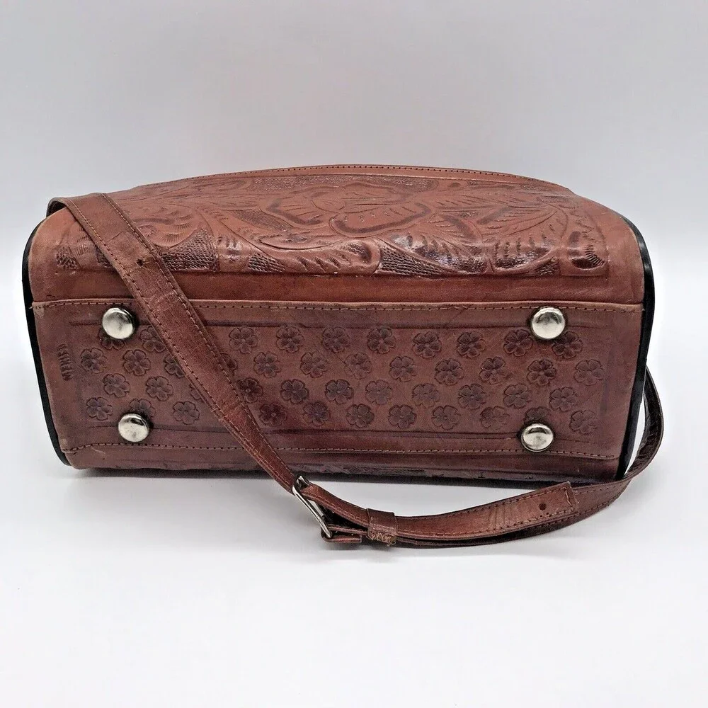 Vintage 60s Artisan Hand Tooled Carved Leather Rose & Indian Shoulder Bag Mexico